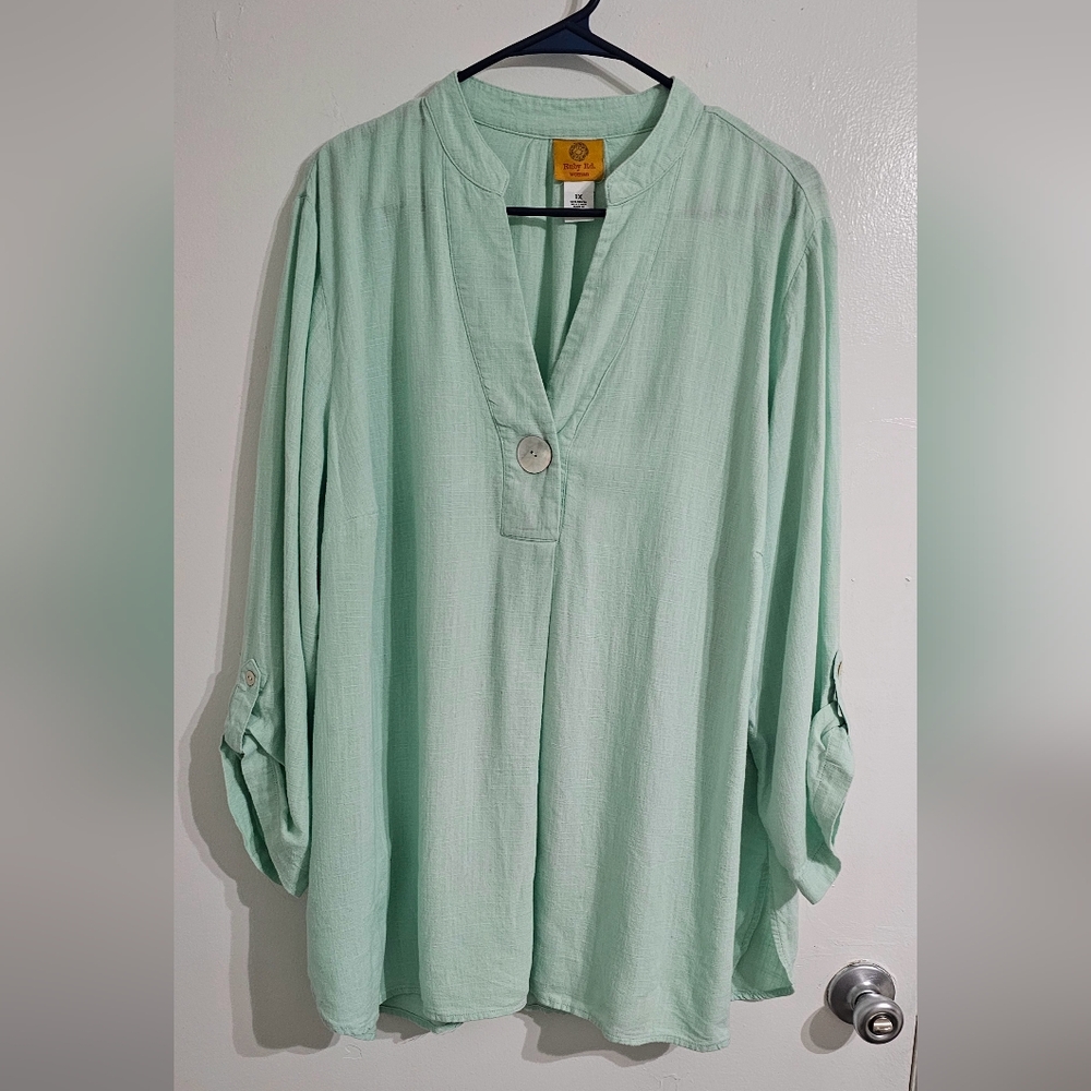 Ruby Rd. Pullover Tunic Top 1X Green Linen Blend Minimalist Roll Tabā Sleeves